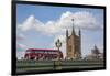 Classic double decker tour bus in London, England crossing the bridge River Thames-Michele Niles-Framed Photographic Print