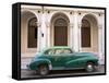 Classic Green American Car Parked Outside the National Ballet School, Havana, Cuba-Lee Frost-Framed Stretched Canvas