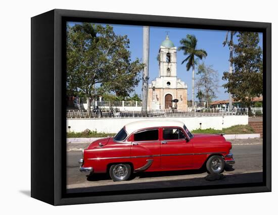 Classic Red American Car Parked By the Old Square in Vinales Village, Pinar Del Rio, Cuba-Lee Frost-Framed Stretched Canvas