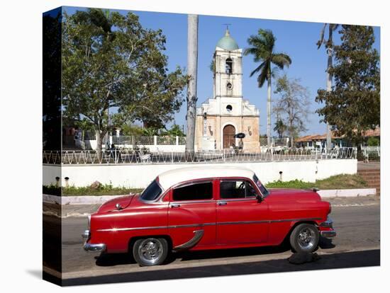 Classic Red American Car Parked By the Old Square in Vinales Village, Pinar Del Rio, Cuba-Lee Frost-Stretched Canvas
