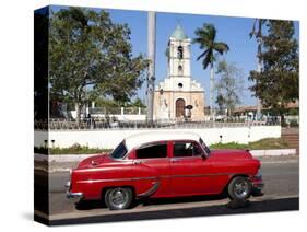 Classic Red American Car Parked By the Old Square in Vinales Village, Pinar Del Rio, Cuba-Lee Frost-Stretched Canvas