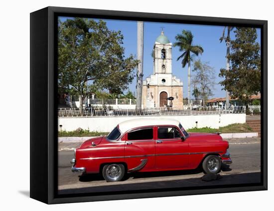 Classic Red American Car Parked By the Old Square in Vinales Village, Pinar Del Rio, Cuba-Lee Frost-Framed Stretched Canvas