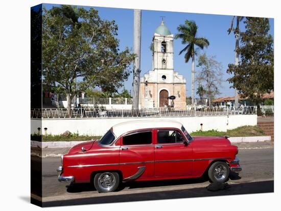 Classic Red American Car Parked By the Old Square in Vinales Village, Pinar Del Rio, Cuba-Lee Frost-Stretched Canvas