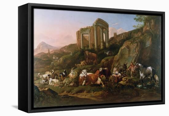 Classical Landscape with Animals-Johann Heinrich Roos-Framed Stretched Canvas