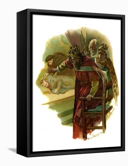 Claudius flees a play re-enacting King Hamlet's murder-Harold Copping-Framed Stretched Canvas