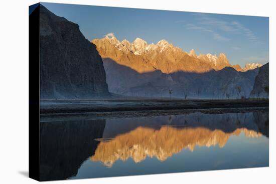 Clear Shyok River creates a mirror image of sunrise on Karakoram peaks, Khapalu valley, Pakistan-Alex Treadway-Stretched Canvas