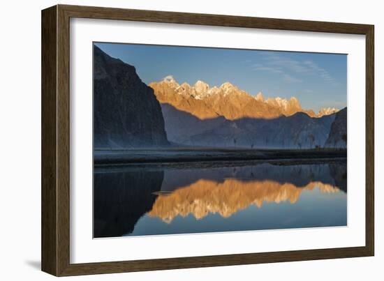 Clear Shyok River creates a mirror image of sunrise on Karakoram peaks, Khapalu valley, Pakistan-Alex Treadway-Framed Photographic Print
