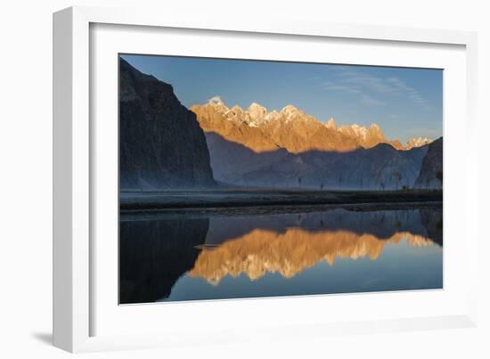 Clear Shyok River creates a mirror image of sunrise on Karakoram peaks, Khapalu valley, Pakistan-Alex Treadway-Framed Photographic Print