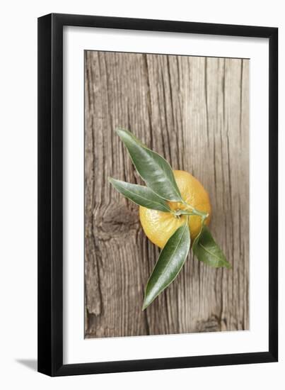 Clementine with Leaves on Wood-Nikky-Framed Premium Photographic Print