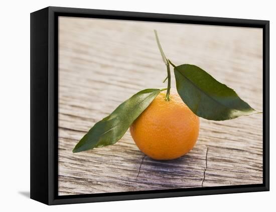 Clementine with Leaves on Wooden Background-null-Framed Stretched Canvas