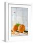 Clementines with Foliage, Pieces of Clementines and Bowl in Front of Bright Background-Jana Ihle-Framed Photographic Print