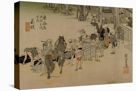 Clerks Changing Horses at Rest in Fujieda-Utagawa Hiroshige-Stretched Canvas