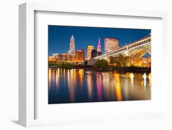 Cleveland, Ohio - Colorful Cleveland Skyline at Night - Photo A-92982-Lantern Press-Framed Photographic Print