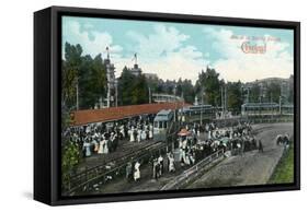 Cleveland, Ohio - Crowds around Train at Euclid Beach-Lantern Press-Framed Stretched Canvas