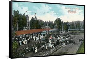 Cleveland, Ohio - Crowds around Train at Euclid Beach-Lantern Press-Framed Stretched Canvas