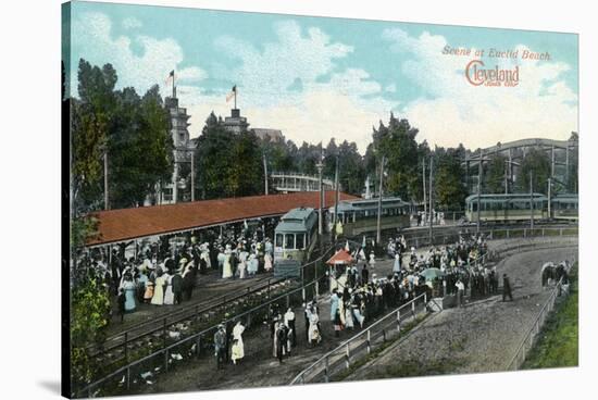 Cleveland, Ohio - Crowds around Train at Euclid Beach-Lantern Press-Stretched Canvas