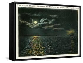 Cleveland, Ohio - Lighthouse, Harbor Entrance from Ocean at Night-Lantern Press-Framed Stretched Canvas