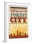 Cleveland, Ohio - Skyline and Sunburst Screenprint Style-Lantern Press-Framed Art Print