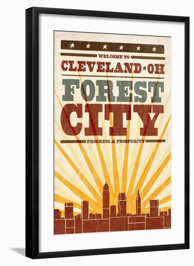 Cleveland, Ohio - Skyline and Sunburst Screenprint Style-Lantern Press-Framed Art Print