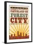 Cleveland, Ohio - Skyline and Sunburst Screenprint Style-Lantern Press-Framed Art Print