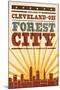 Cleveland, Ohio - Skyline and Sunburst Screenprint Style-Lantern Press-Mounted Art Print