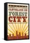 Cleveland, Ohio - Skyline and Sunburst Screenprint Style-Lantern Press-Framed Stretched Canvas