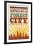 Cleveland, Ohio - Skyline and Sunburst Screenprint Style-Lantern Press-Framed Art Print