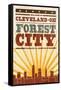 Cleveland, Ohio - Skyline and Sunburst Screenprint Style-Lantern Press-Framed Stretched Canvas