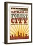 Cleveland, Ohio - Skyline and Sunburst Screenprint Style-Lantern Press-Framed Art Print