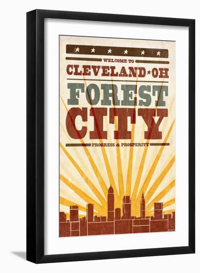 Cleveland, Ohio - Skyline and Sunburst Screenprint Style-Lantern Press-Framed Art Print