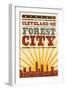 Cleveland, Ohio - Skyline and Sunburst Screenprint Style-Lantern Press-Framed Art Print