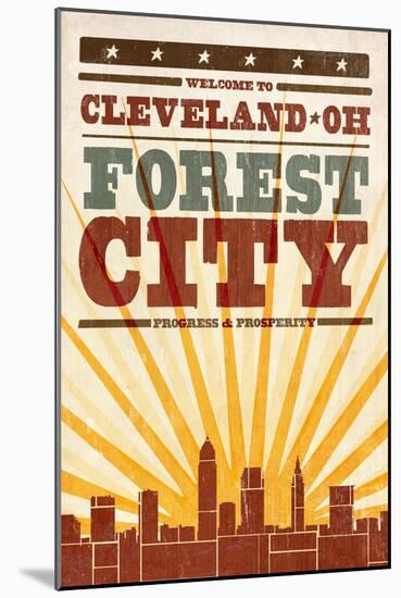 Cleveland, Ohio - Skyline and Sunburst Screenprint Style-Lantern Press-Mounted Art Print