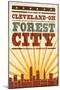 Cleveland, Ohio - Skyline and Sunburst Screenprint Style-Lantern Press-Mounted Art Print