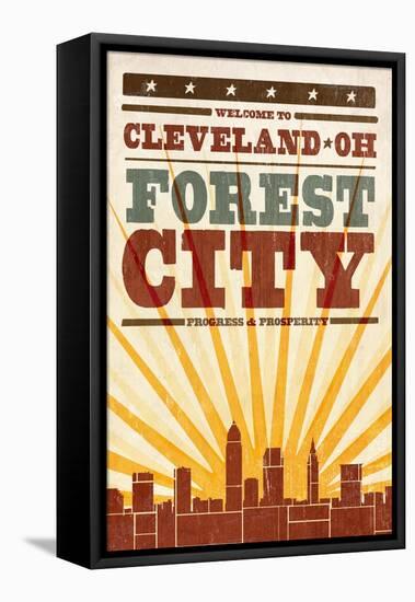 Cleveland, Ohio - Skyline and Sunburst Screenprint Style-Lantern Press-Framed Stretched Canvas