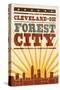 Cleveland, Ohio - Skyline and Sunburst Screenprint Style-Lantern Press-Stretched Canvas