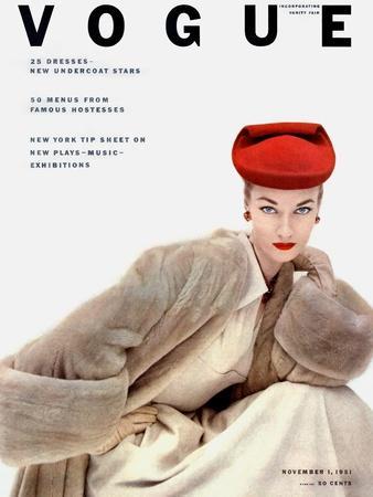 Vogue Cover - November 1951 - Red Hat, Fur Coat