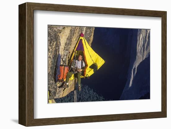 Climber in His Hanging Camp Sleeps on the Side of a Mountain.-Greg Epperson-Framed Photographic Print