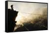 Climber on Kala Pattar Peak (5545M) with Buddhist Prayer Flags at Sunset, Nepal, Himalaya-Enrique Lopez-Tapia-Framed Stretched Canvas