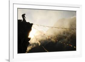 Climber on Kala Pattar Peak (5545M) with Buddhist Prayer Flags at Sunset, Nepal, Himalaya-Enrique Lopez-Tapia-Framed Photographic Print