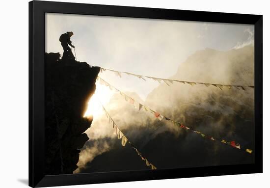 Climber on Kala Pattar Peak (5545M) with Buddhist Prayer Flags at Sunset, Nepal, Himalaya-Enrique Lopez-Tapia-Framed Photographic Print