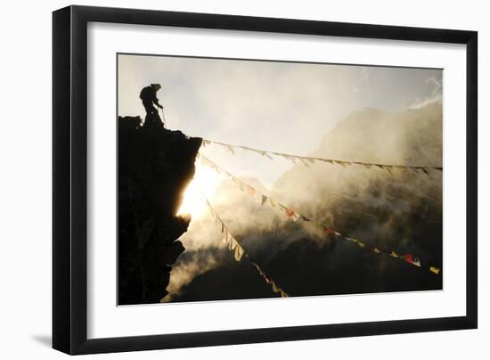 Climber on Kala Pattar Peak (5545M) with Buddhist Prayer Flags at Sunset, Nepal, Himalaya-Enrique Lopez-Tapia-Framed Photographic Print