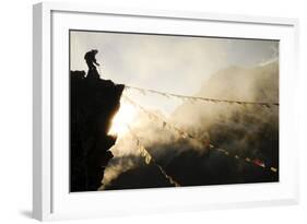 Climber on Kala Pattar Peak (5545M) with Buddhist Prayer Flags at Sunset, Nepal, Himalaya-Enrique Lopez-Tapia-Framed Photographic Print