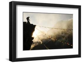 Climber on Kala Pattar Peak (5545M) with Buddhist Prayer Flags at Sunset, Nepal, Himalaya-Enrique Lopez-Tapia-Framed Photographic Print