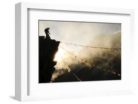 Climber on Kala Pattar Peak (5545M) with Buddhist Prayer Flags at Sunset, Nepal, Himalaya-Enrique Lopez-Tapia-Framed Photographic Print