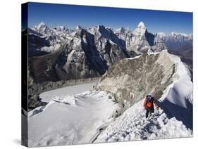 Climber on Summit Ridge of Island Peak, Solu Khumbu Everest Region, Sagarmatha National Park-Christian Kober-Stretched Canvas