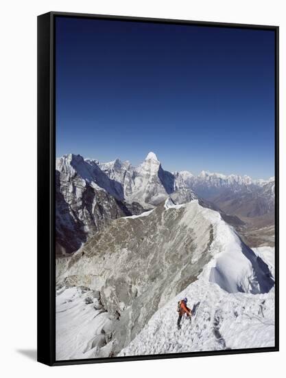 Climber on Summit Ridge of Island Peak, Solu Khumbu Everest Region, Sagarmatha National Park-Christian Kober-Framed Stretched Canvas