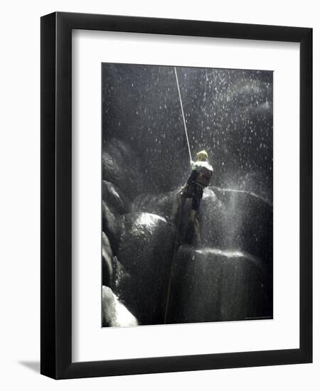 Climber Showered with Water in Cave, Mexico-Michael Brown-Framed Photographic Print