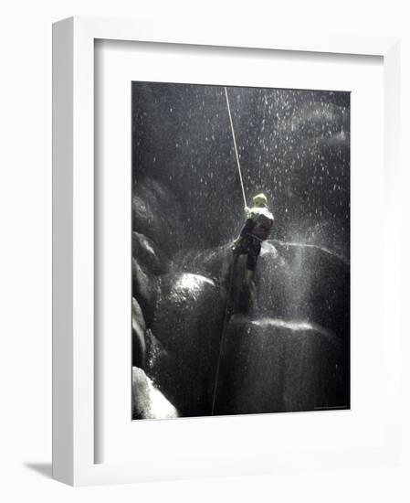 Climber Showered with Water in Cave, Mexico-Michael Brown-Framed Photographic Print