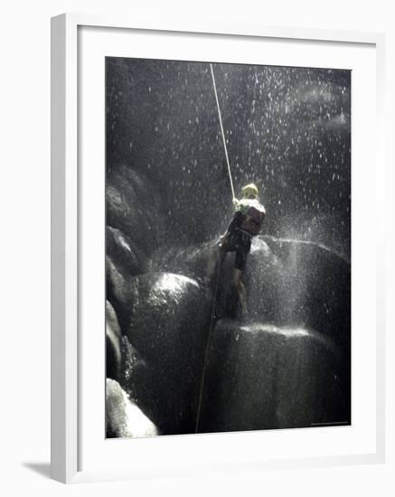 Climber Showered with Water in Cave, Mexico-Michael Brown-Framed Photographic Print