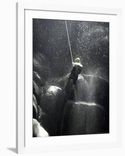 Climber Showered with Water in Cave, Mexico-Michael Brown-Framed Photographic Print